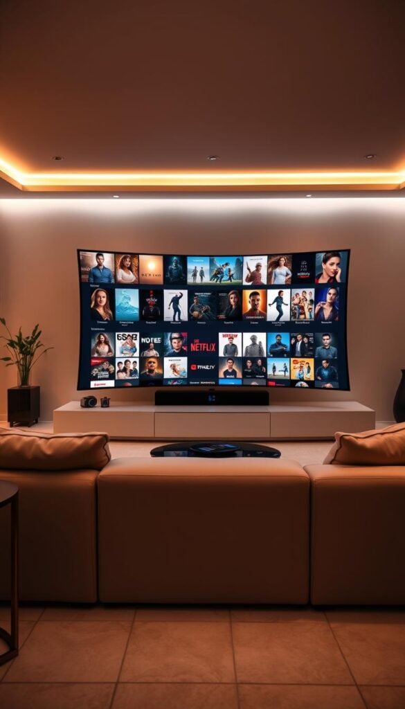 A sleek, modern living room with a large, curved OLED TV taking center stage. The room is bathed in warm, ambient lighting, creating a cozy and inviting atmosphere. On the TV screen, a diverse collection of movie and TV show thumbnails are displayed, showcasing the vast on-demand entertainment library of the Hoxtoon Provider. The room is decorated with minimalist, high-end furnishings, and a large, plush sofa sits facing the TV, inviting viewers to sit back and immerse themselves in the Hoxtoon experience. The overall scene conveys a sense of luxurious, high-quality on-demand entertainment at the user's fingertips.