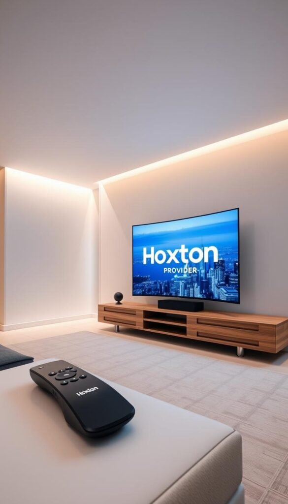 A sleek, modern living room with a large, curved OLED television display prominently showcased. The screen depicts a stylized Hoxtoon Provider logo, representing the latest IPTV technology. Soft, indirect lighting illuminates the space, creating a warm and inviting atmosphere. In the foreground, a sophisticated remote control and a streaming device hint at the seamless integration of IPTV into the home entertainment system. The middle ground features a minimalist, wood-paneled entertainment unit, complementing the contemporary design. The background showcases a panoramic view of a bustling city skyline, emphasizing the global connectivity and accessibility of IPTV services.
