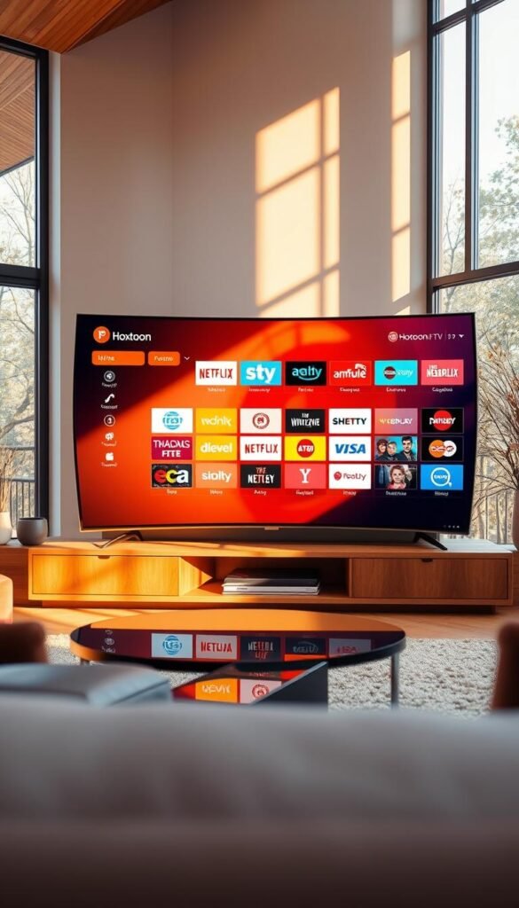 A sleek, modern living room with a large, curved OLED television displaying a vibrant, detailed electronic program guide (EPG) showcasing the diverse range of IPTV channels available from the Hoxtoon Provider. The room is bathed in warm, natural lighting filtering through large windows, creating a cozy and inviting atmosphere. The television's display exhibits a clean, user-friendly interface with crisp, high-definition visuals and intuitive navigation, reflecting the technological advancements of IPTV technology. The scene conveys a sense of convenience, entertainment, and the seamless integration of digital media into the contemporary home environment.