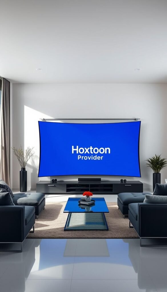 A sleek, modern living room with a large, curved OLED television screen taking center stage. The screen displays the Hoxtoon Provider logo, showcasing the latest IPTV technology. Minimalist furniture, natural lighting, and a clean, stylish atmosphere create a sophisticated and immersive entertainment experience. The room exudes a sense of effortless connectivity, reflecting the evolution of television from traditional cable to the convenience and flexibility of IPTV services.