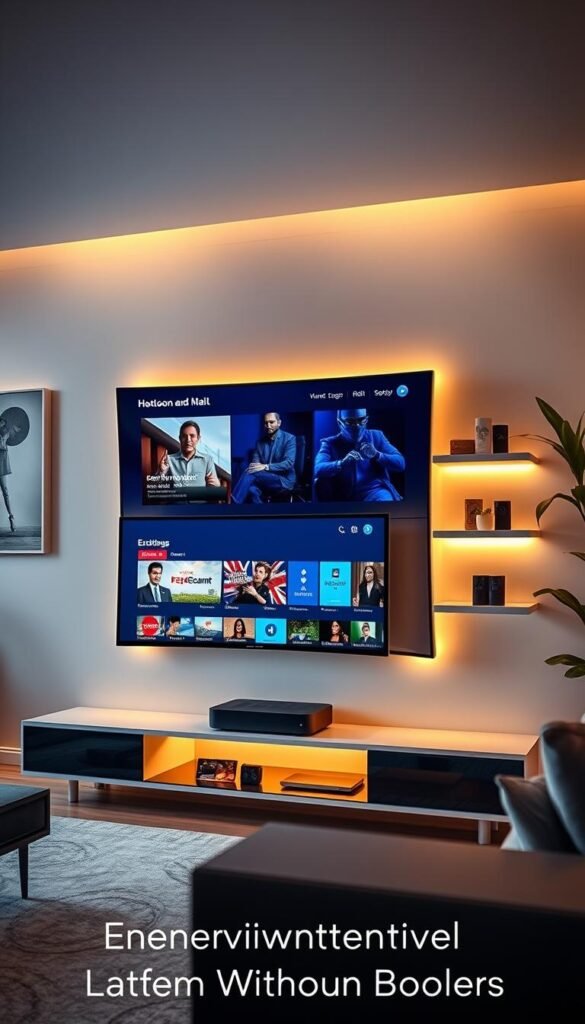 A sleek, modern living room with a large, curved smart TV displaying various international news and entertainment channels. The TV is flanked by stylish, minimalist shelves holding a Hoxtoon Provider set-top box and other media devices. Warm, diffused lighting illuminates the room, creating a cozy and inviting atmosphere. The walls feature abstract artwork and a potted plant, adding depth and a touch of nature. The scene conveys a sense of global connectivity and seamless access to diverse content, reflecting the "Entertainment Without Borders" theme.