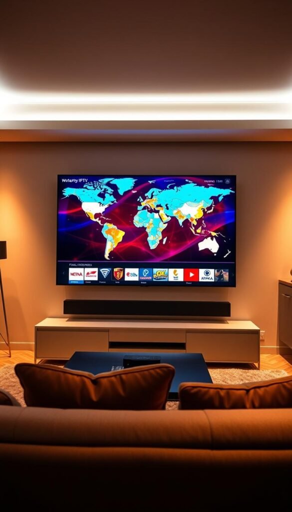 A sleek, modern living room with a large flat-screen TV displaying a high-quality IPTV stream. The room is bathed in warm, soft lighting, creating a cozy and immersive atmosphere. On the TV screen, a crisp, vibrant image showcases the global coverage and diverse channel selection of the Hoxtoon Provider IPTV service. The screen's resolution is sharp, and the colors are vibrant, hinting at the excellent streaming quality. In the foreground, a comfortable sofa and a coffee table with a remote control, symbolizing the ease of accessing international content from the comfort of one's home.