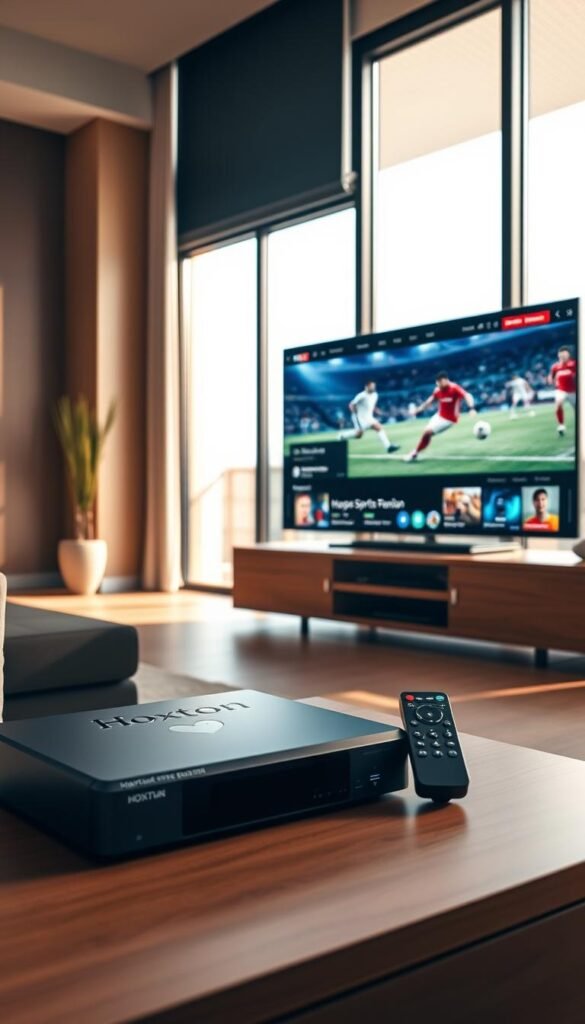 A sleek, modern living room with a large flat-screen TV displaying a vibrant IPTV sports streaming interface. In the foreground, a Hoxtoon Provider set-top box and remote control sit on a minimalist, wooden entertainment center. The room is bathed in warm, natural lighting filtering through large windows, creating a cozy, inviting atmosphere. On the TV screen, a thrilling soccer match is being streamed, with players in crisp, high-definition detail. The scene conveys the evolution of sports broadcasting, providing a seamless, immersive viewing experience for the modern sports fan.