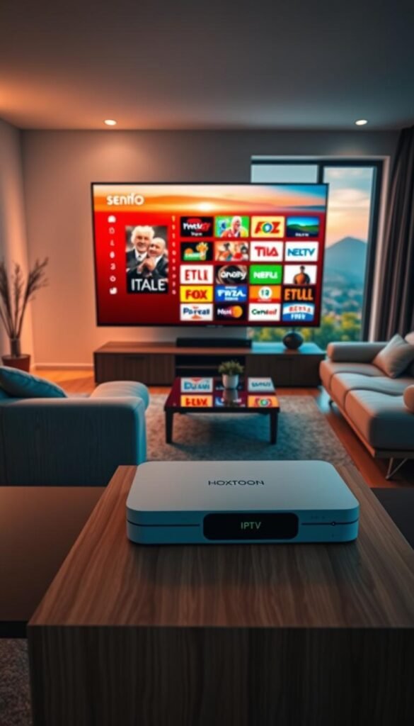 A sleek, modern living room with a large flat-screen TV displaying a vibrant selection of IPTV channels from Italy. The room is bathed in warm, ambient lighting, creating a cozy and inviting atmosphere. In the foreground, a Hoxtoon Provider device sits prominently on a minimalist, wooden entertainment center, symbolizing the ease of accessing Italian content through IPTV. The middle ground features a plush, Italian-inspired sofa and a stylish coffee table, while the background showcases a scenic Italian landscape visible through large, floor-to-ceiling windows. The overall scene conveys the comfort and convenience of enjoying Italian television programming from the comfort of one's own home.
