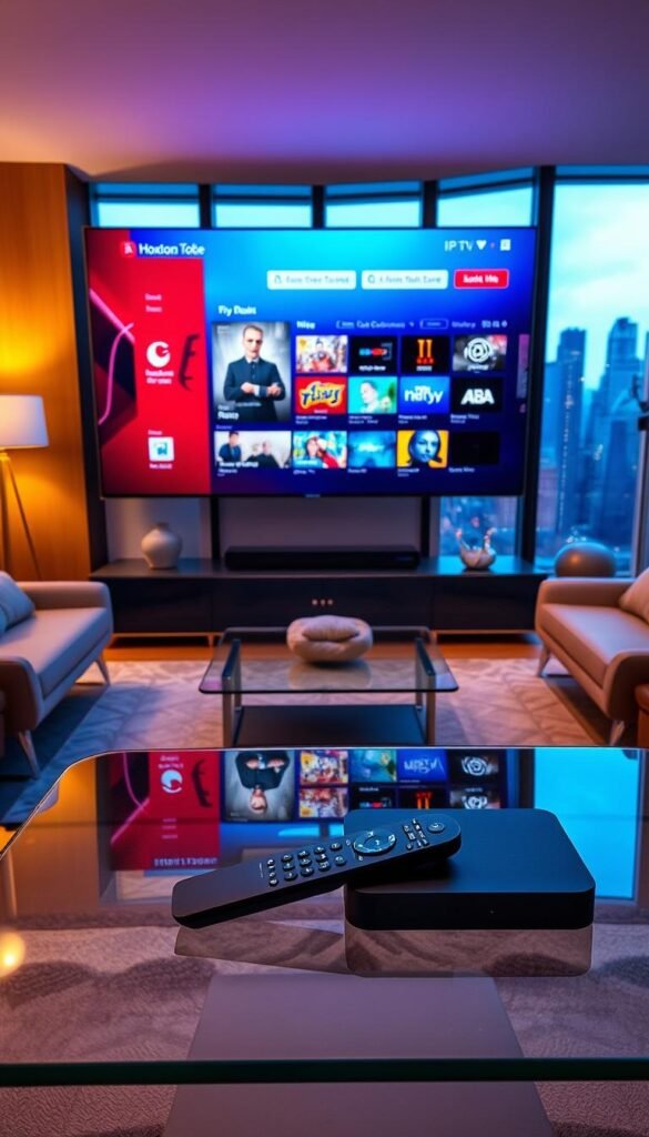 A sleek, modern living room with a large flat-screen TV displaying the Hoxtoon Provider IPTV interface. The room is bathed in warm, ambient lighting, creating a cozy and inviting atmosphere. In the foreground, a high-end remote control and a streaming device sit on a minimalist glass coffee table. The middle ground features elegant, contemporary furniture, while the background showcases large windows overlooking a vibrant city skyline. The overall scene conveys the evolution of television, transitioning from traditional cable to the seamless, future-forward experience of IPTV technology.