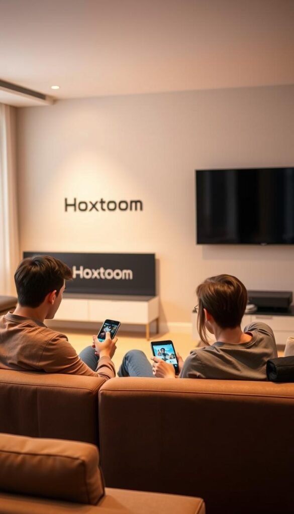 A sleek, modern living room with a large, flat-screen TV mounted on the wall. In the foreground, a young couple sits on a comfortable couch, each holding a tablet or smartphone, engaged in a shared IPTV experience. The room is bathed in warm, soft lighting, creating a cozy and inviting atmosphere. In the background, subtle branding for "Hoxtoon Provider" is visible, indicating the IPTV service they are using. The scene conveys a sense of relaxation, connectivity, and the seamless integration of technology into everyday life.
