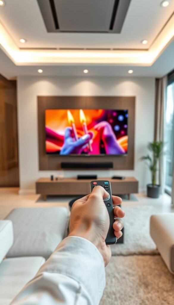 A sleek, modern living room with a large, flat-screen TV mounted on the wall. In the foreground, a hand holding a remote control, showcasing the multi-device compatibility of the Hoxtoon Provider IPTV service. The room is well-lit, with soft, diffused lighting from overhead fixtures and large windows, creating a warm and inviting atmosphere. The TV displays a vibrant, high-quality image, reflecting the reliable and seamless streaming experience of the IPTV service. The overall scene conveys a sense of convenience and the ability to enjoy content on your preferred platforms, whether it's a smart TV, tablet, or smartphone.