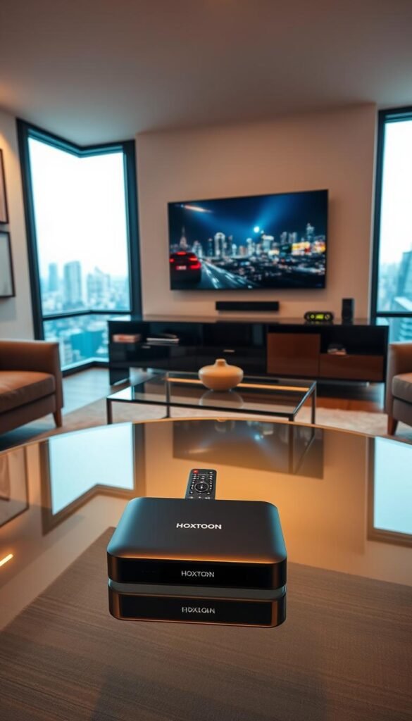 A sleek, modern living room with a large, flat-screen TV mounted on the wall. In the foreground, a Hoxtoon Provider IPTV streaming device sits prominently on a glass-top coffee table, surrounded by a wireless remote control and a stylish, minimalist home entertainment setup. The room is bathed in warm, diffused lighting, creating a cozy and inviting atmosphere. The walls are adorned with abstract art, complementing the contemporary design. Through the large windows, a cityscape is visible in the background, hinting at the global connectivity enabled by IPTV technology.