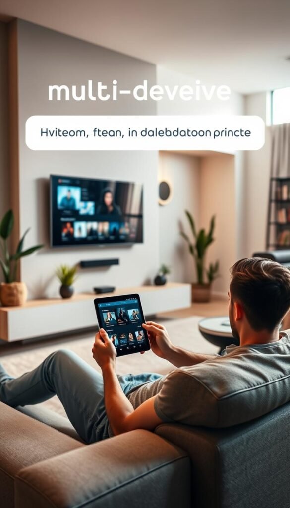 A sleek, modern living room with a large, flat-screen TV mounted on the wall. In the foreground, a person comfortably lounging on a plush sofa, holding a tablet and using the Hoxtoon Provider app to stream content. The room is bathed in warm, diffused lighting, creating a cozy, inviting atmosphere. The background features a minimalist, contemporary decor with potted plants and a stylish bookshelf. The image conveys the ease and convenience of multi-device streaming with Hoxtoon Provider.