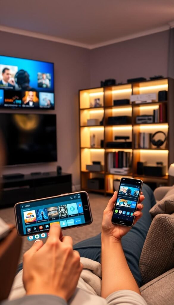 A sleek, modern living room with a large flat-screen TV mounted on the wall. In the foreground, a person lounging on a comfortable couch, holding a smartphone and browsing the Hoxtoon Provider IPTV app, which displays a wide selection of live TV channels and on-demand content. The room is bathed in warm, diffused lighting, creating a cozy and inviting atmosphere. In the background, a bookshelf filled with various media devices and streaming accessories, hinting at the multi-device connectivity of the Hoxtoon Provider IPTV solution. The scene conveys the convenience and versatility of IPTV streaming in Romania.