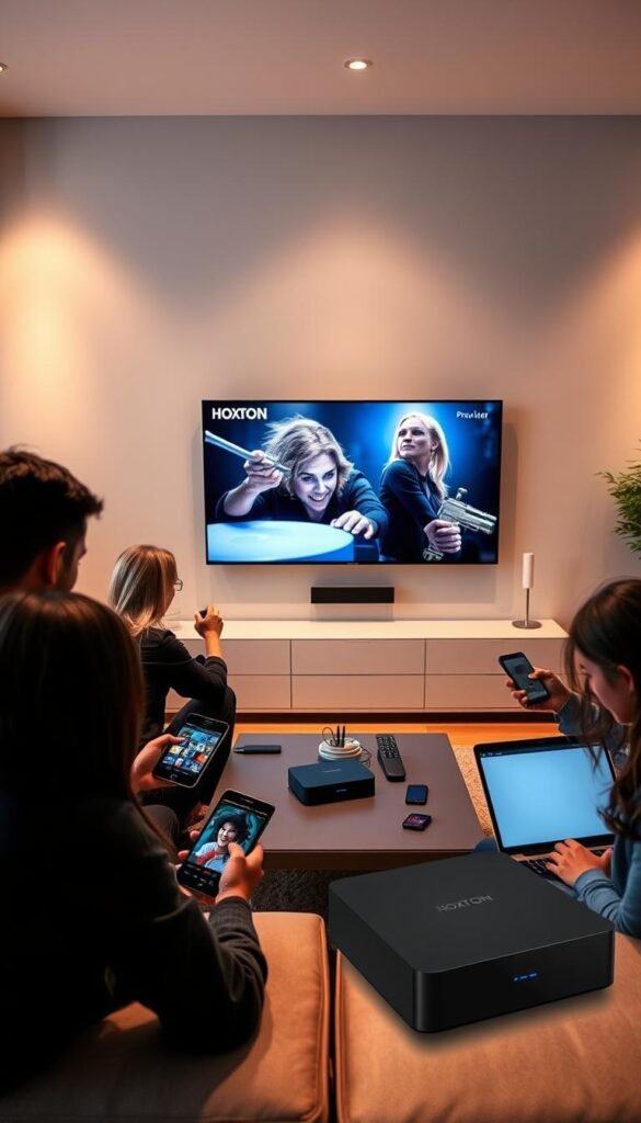 A sleek, modern living room with a large flat-screen TV mounted on the wall. In the foreground, a group of people are gathered around a coffee table, each using a different device - a smartphone, a tablet, a laptop, and a smart TV remote. The room is bathed in a warm, ambient lighting, creating a cozy and inviting atmosphere. In the background, a minimalist entertainment unit houses a Hoxtoon Provider streaming box, showcasing the multi-device compatibility of the IPTV service. The overall scene conveys the convenience and flexibility of streaming content across multiple devices simultaneously.