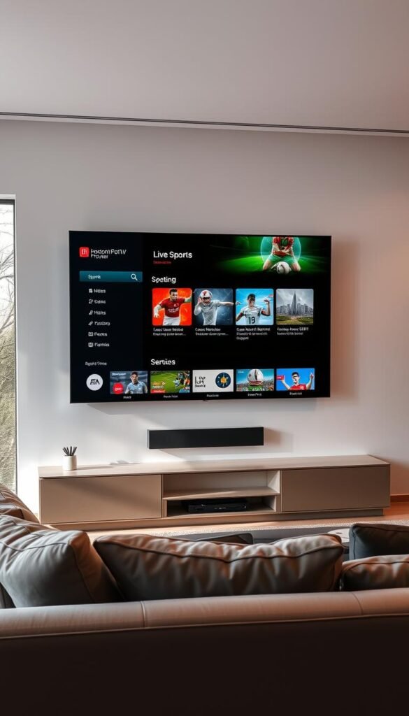 A sleek, modern living room with a large flat-screen TV mounted on the wall. On the TV screen, various IPTV options are displayed, including the Hoxtoon Provider service, showcasing live sports channels and upcoming matches. The room is well-lit, with large windows letting in natural light. Plush, comfortable seating, and minimalist decor create a cozy and inviting atmosphere. The focus is on the TV screen, highlighting the IPTV service and its sports content, conveying the excitement and convenience of watching live sports events at home.