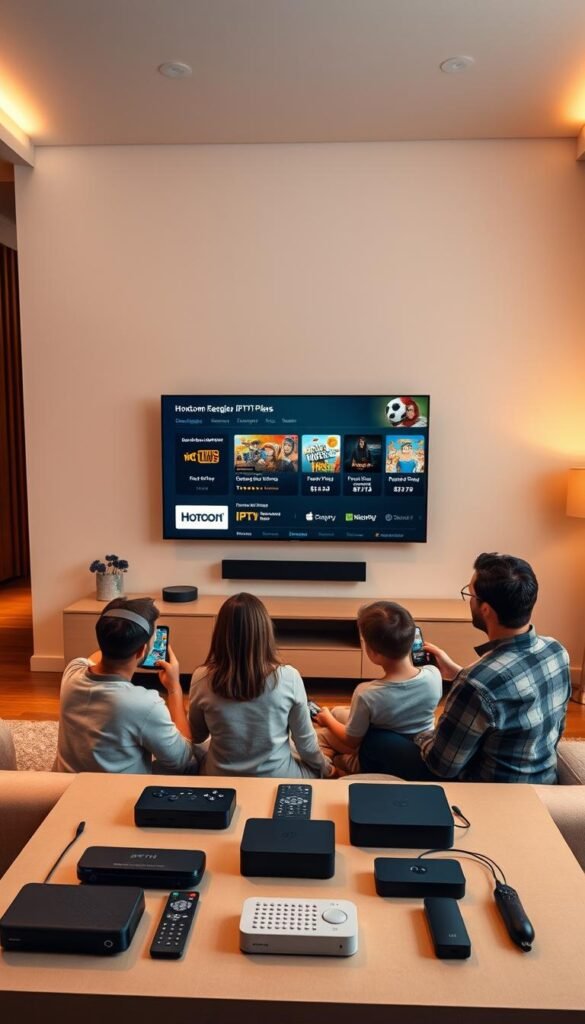 A sleek, modern living room with a large, flat-screen TV mounted on the wall. On the TV screen, a selection of IPTV plans from the Hoxtoon Provider is displayed, showcasing their diverse offerings and multi-device streaming capabilities. The room is bathed in warm, diffused lighting, creating a cozy and inviting atmosphere. In the foreground, a family of four is gathered around the coffee table, each holding a different device - a tablet, a smartphone, and a gaming console - all seamlessly connected to the Hoxtoon IPTV service, enjoying their favorite content together. The middle ground features neatly arranged remote controls, streaming devices, and other home entertainment accessories, emphasizing the ease of use and integration of the Hoxtoon IPTV system. The background depicts a modern, minimalist interior design, with clean lines and neutral tones, complementing the overall aesthetic.