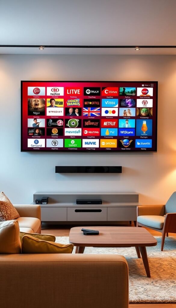 A sleek, modern living room with a large flat-screen TV mounted on the wall. The TV displays a vibrant and diverse array of international channels, showcasing the massive content library of the "Hoxtoon Provider" IPTV service. Soft, warm lighting illuminates the space, creating a cozy and inviting atmosphere. In the foreground, a comfortable sofa and armchair provide the perfect spot for an expat to relax and enjoy the endless entertainment options. The middle ground features a minimalist, Scandinavian-inspired coffee table, with a remote control and a streaming device nearby, hinting at the seamless integration of the IPTV service. The background depicts a stylish, open-concept layout, with large windows that allow natural light to flood the room, adding to the overall sense of spaciousness and sophistication.