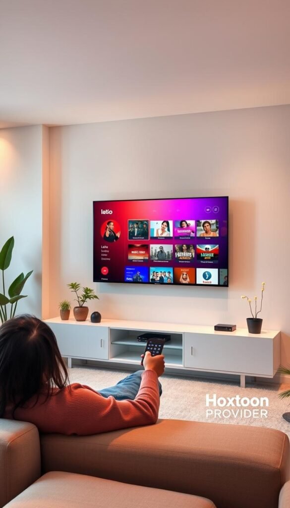 A sleek, modern living room with a large, flat-screen TV mounted on the wall. The TV is displaying a vibrant, colorful interface showcasing a variety of Latino TV shows and movies, curated by the "Hoxtoon Provider" streaming service. In the foreground, a person is comfortably lounging on a plush, minimalist sofa, remote in hand, immersed in the content. Soft, indirect lighting creates a warm, inviting atmosphere, while the room is accented with plants and modern, minimalist decor, conveying a sense of relaxation and entertainment.