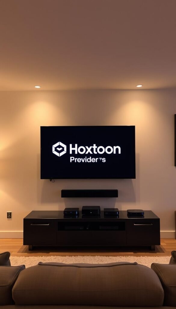 A sleek, modern living room with a large flat-screen TV prominently displayed. The TV screen shows the Hoxtoon Provider logo, signifying a Latino-focused IPTV service. The room is illuminated by soft, warm lighting, creating a cozy and inviting atmosphere. In the foreground, a comfortable couch and a coffee table with a remote control and a streaming device. The middle ground features shelves or a cabinet with various media devices and streaming boxes. The background depicts a minimalist, contemporary design with neutral-toned walls and artwork or decor that complements the overall aesthetic.