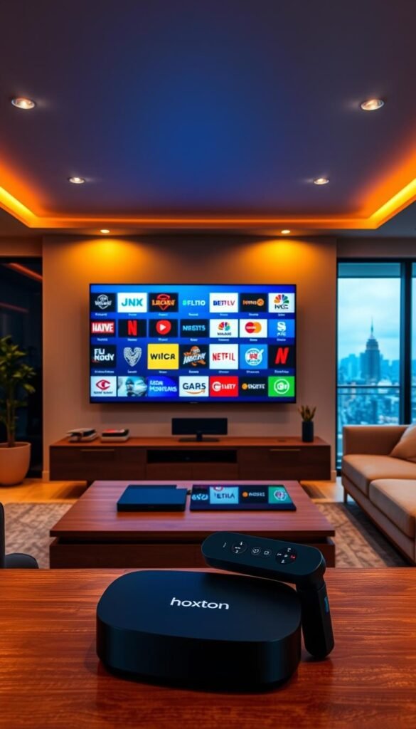 A sleek, modern living room with a large, flat-screen TV prominently displayed. The TV screen shows a vibrant, diverse selection of Latino channels, their logos and programming displayed in a visually engaging manner. The room is bathed in warm, ambient lighting, creating a cozy, inviting atmosphere. In the foreground, a Hoxtoon Provider streaming device sits on a minimalist, wooden entertainment center, highlighting the ease of accessing the wide range of Latino content. The middle ground features comfortable, contemporary furniture, and the background showcases large windows overlooking a city skyline, emphasizing the global accessibility of these channels. The overall scene conveys a sense of cultural richness, entertainment, and the convenience of watching Latino TV channels online.