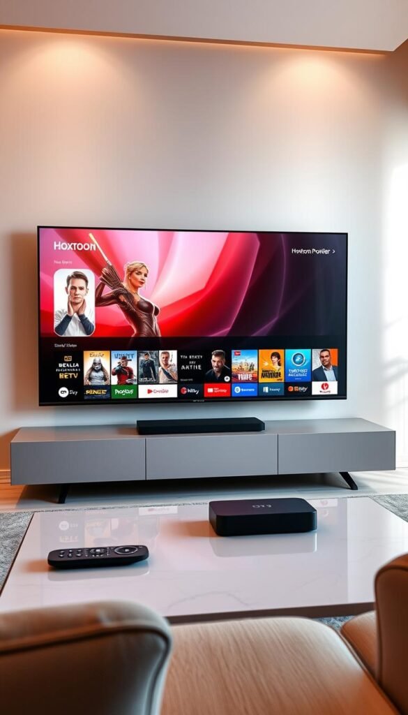 A sleek, modern living room with a large flat-screen TV prominently displayed. The TV screen shows a vibrant, high-quality IPTV interface with a massive library of movies and shows, the "Hoxtoon Provider" logo visible in the corner. Soft, warm lighting illuminates the space, creating a cozy and inviting atmosphere. On the coffee table in front of the TV, a high-end remote control and a stylish streaming device, hinting at the seamless integration of the IPTV service. The room is decorated with minimalist, contemporary furnishings, emphasizing the advanced technology on display.