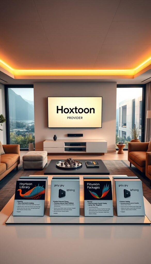 A sleek, modern living room with a large flat-screen TV prominently displaying the "Hoxtoon Provider" logo. The room is bathed in warm, diffused lighting, creating a cozy and inviting atmosphere. In the foreground, a stylish coffee table showcases various IPTV packages, each with a clear and concise description of the content library and features. The middle ground features comfortable-looking couches and armchairs, suggesting a space for relaxation and entertainment. The background depicts a large window overlooking a picturesque Austrian landscape, hinting at the diverse content available through the Hoxtoon IPTV service.