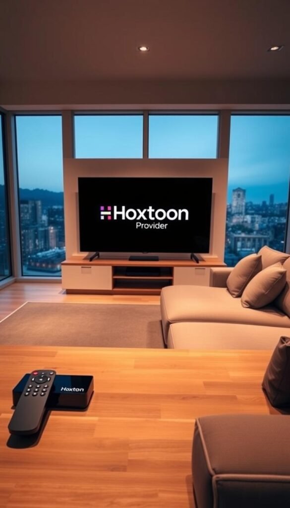 A sleek, modern living room with a large, flat-screen television displaying the Hoxtoon Provider logo. The room is bathed in warm, ambient lighting, creating a cozy and inviting atmosphere. In the foreground, a high-end remote control and a streaming device sit on a minimalist, wooden coffee table. The middle ground showcases a comfortable, L-shaped sofa in a neutral tone, facing the television. The background features large windows overlooking a picturesque cityscape, hinting at the expansive IPTV content available to Canadian viewers through the Hoxtoon Provider service.