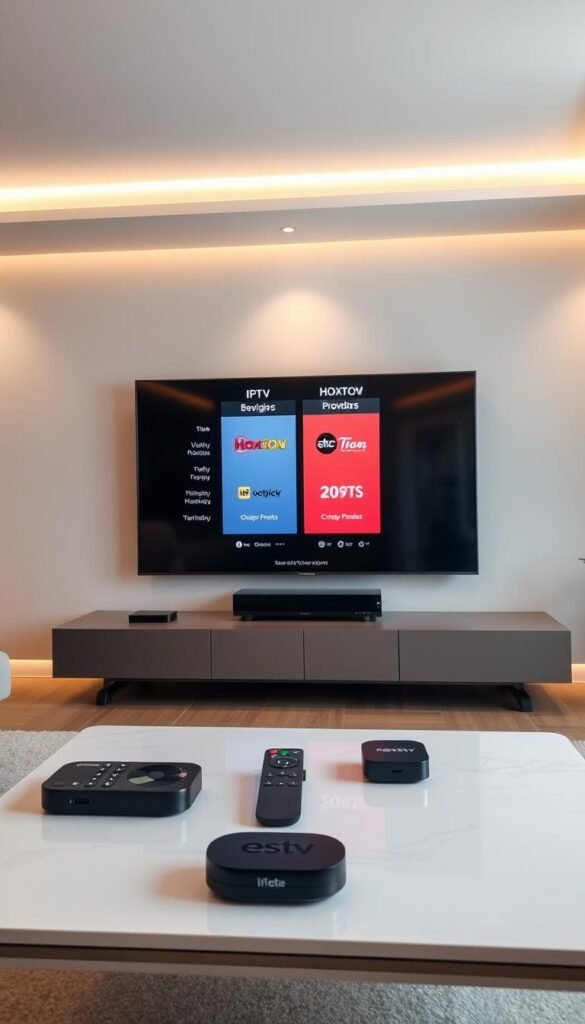 A sleek, modern living room with a large flat-screen television prominently displayed. The TV screen showcases a side-by-side comparison of different IPTV service providers, including the "Hoxtoon Provider" brand. The room is bathed in a warm, inviting light, with soft, ambient lighting illuminating the space. In the foreground, a high-end coffee table displays various remote controls and streaming devices, hinting at the technological advancements that have transformed the way we consume television. The overall atmosphere conveys a sense of progress and the evolution of home entertainment.