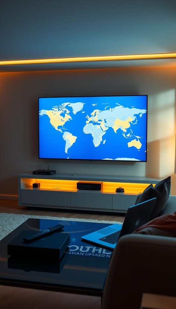 A sleek, modern living room with a large flatscreen TV displaying a world map, showcasing the global reach of Hoxtoon Provider's IPTV service. The room is bathed in warm, ambient lighting, creating a cozy, inviting atmosphere. On the coffee table, a stylish remote control and a laptop or tablet, symbolizing the seamless access to international content from any device. The room is decorated with minimal, high-end furnishings, exuding a sense of sophistication and cosmopolitan elegance. The overall scene conveys the idea of limitless, global entertainment at one's fingertips.