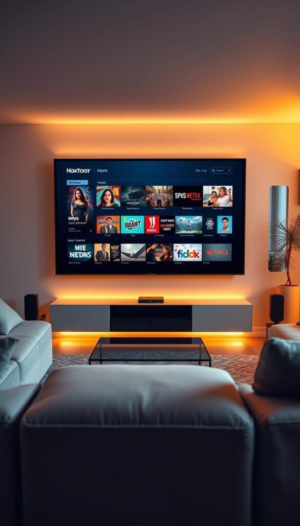 A sleek, modern living room with a large flatscreen TV displaying the Hoxtoon Provider streaming interface. The room is filled with warm, ambient lighting, casting a cozy glow on the neutral-toned furniture and minimalist decor. On the TV screen, a diverse selection of content categories is showcased, ranging from popular movies and TV shows to live news and sports channels. The layout is clean and intuitive, highlighting the seamless user experience of the Hoxtoon streaming service. The scene conveys a sense of comfort and entertainment, reflecting the vibrant and expansive content available through the German TV streaming platform.