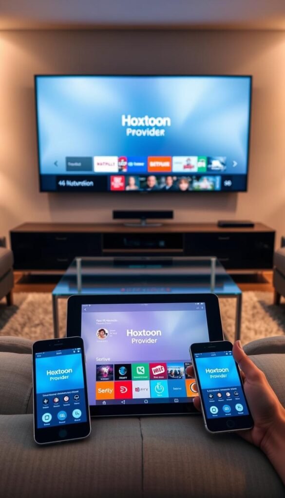A sleek, modern living room with a large flatscreen TV displaying the Hoxtoon Provider IPTV service interface. In the foreground, a tablet and smartphone are also showcasing the Hoxtoon app, demonstrating the multi-device compatibility. The room is bathed in warm, diffused lighting, creating a cozy and inviting atmosphere. The layout emphasizes the seamless integration of IPTV technology into the home environment. The overall scene conveys the convenience and versatility of Hoxtoon's IPTV solution for Austrian viewers.