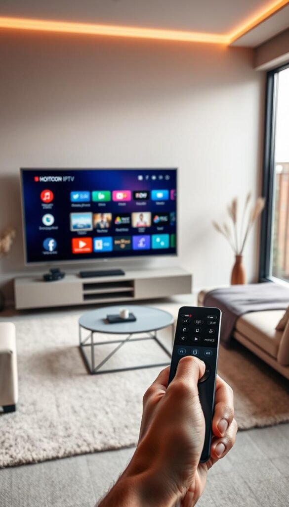 A sleek, modern living room with a large flatscreen TV displaying the Hoxtoon Provider IPTV interface. The room is bathed in soft, warm lighting, creating a cozy and inviting atmosphere. The TV is the focal point, surrounded by stylish furniture and minimalist decor. In the foreground, a hand holding a modern, touchscreen remote control, symbolizing the user's interaction with the IPTV technology. The middle ground features a clean, uncluttered coffee table, reflecting the seamless integration of IPTV into the home environment. The background showcases a large window, allowing natural light to filter in and highlighting the room's contemporary design.
