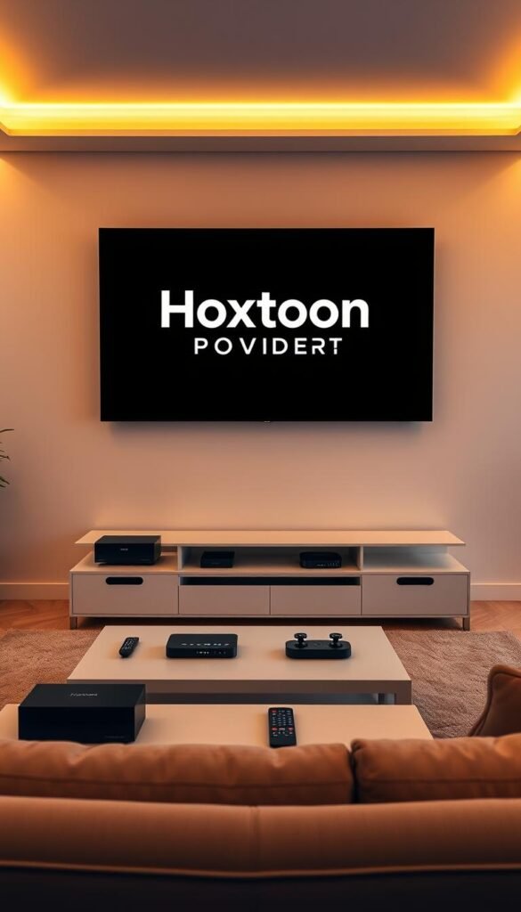 A sleek, modern living room with a large flatscreen TV displaying the Hoxtoon Provider logo. In the foreground, a minimalist entertainment center showcases various streaming devices and remote controls. The middle ground features a comfortable sofa and coffee table, conveying the convenience and enjoyment of IPTV. The background depicts a panoramic city skyline, suggesting the global reach and technological advancement of the Hoxtoon Provider service. Warm, indirect lighting creates a cozy, inviting atmosphere. The scene exudes a sense of effortless connectivity and entertainment, highlighting the benefits of IPTV over traditional cable.
