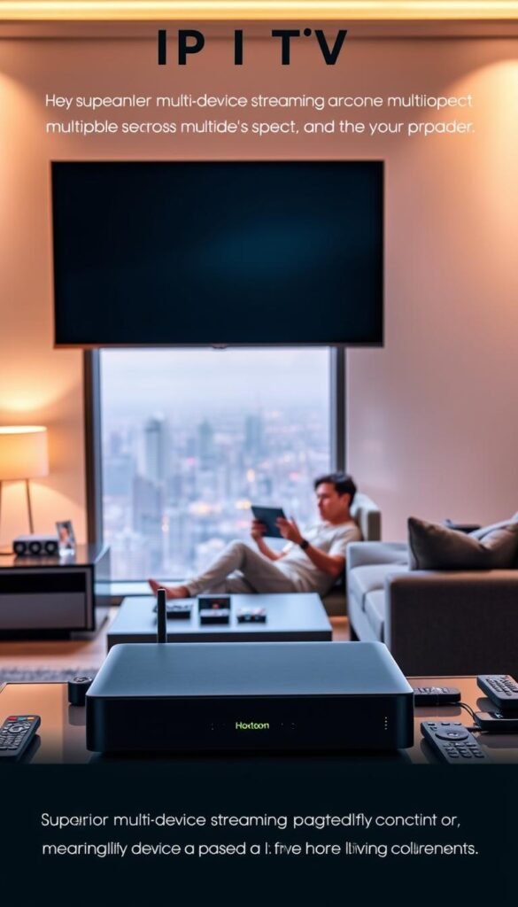 A sleek, modern living room with a large flatscreen TV mounted on the wall. In the foreground, a Hoxtoon Provider set-top box sits prominently on a stylish media console, surrounded by various remote controls and connected devices. The room is bathed in warm, diffused lighting, creating a cozy and inviting atmosphere. In the middle ground, a person is seen relaxing on a comfortable couch, tablet in hand, seamlessly streaming content across multiple devices. The background features large windows, offering a scenic view of a vibrant city skyline. The overall scene conveys the key benefits of IPTV, showcasing its superior multi-device streaming capabilities and the convenience it brings to the user's living space.