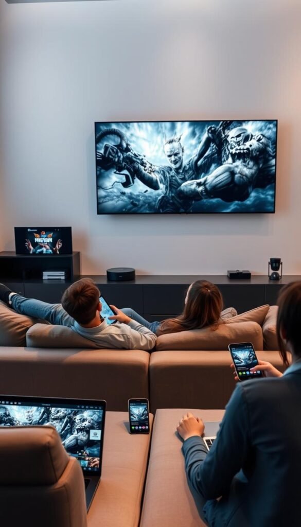 A sleek, modern living room with a large flatscreen TV mounted on the wall. In the foreground, a person lounges comfortably on a plush sofa, holding a tablet and gazing intently at the screen. Surrounding them are various other devices, including a smartphone and a laptop, all seamlessly connected and streaming content from the "Hoxtoon Provider" service. Soft, diffused lighting creates a warm, inviting atmosphere, while the arrangement of the devices suggests a harmonious, multi-screen viewing experience. The scene conveys the convenience and versatility of HOXTOON's cross-platform streaming capabilities.
