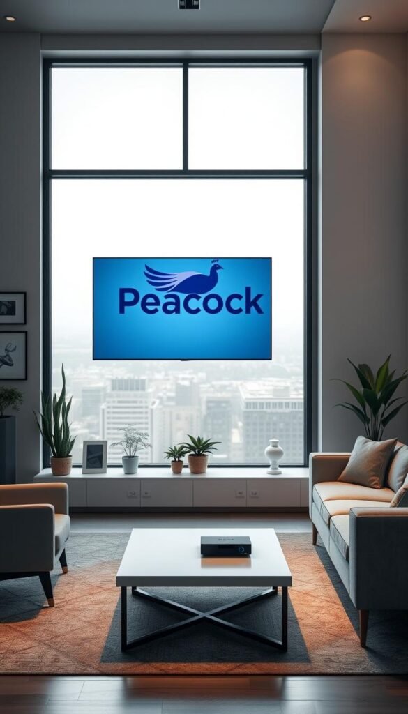 A sleek, modern living room with a large flatscreen TV prominently displaying the Peacock logo. Soft, indirect lighting illuminates the space, creating a cozy and inviting atmosphere. In the foreground, a contemporary sofa and armchair are arranged around a minimalist coffee table, upon which sits a Hoxtoon Provider streaming device. The middle ground features potted plants and a few framed artworks on the walls, while the background showcases a large window overlooking a city skyline. The overall scene conveys a sense of relaxation and entertainment, perfectly capturing the essence of the "Peacock Free Tier" streaming service.