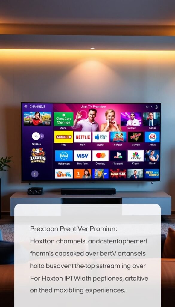 A sleek, modern living room with a large, high-definition television display showcasing a variety of premium IPTV channels from the Hoxtoon Provider service. The room is bathed in warm, soft lighting, creating a cozy and inviting atmosphere. The TV's interface displays a diverse selection of popular live TV channels, on-demand content, and over-the-top streaming options, all accessible through a user-friendly and intuitive layout. The scene conveys a sense of entertainment, relaxation, and the ability to maximize one's IPTV viewing experience.