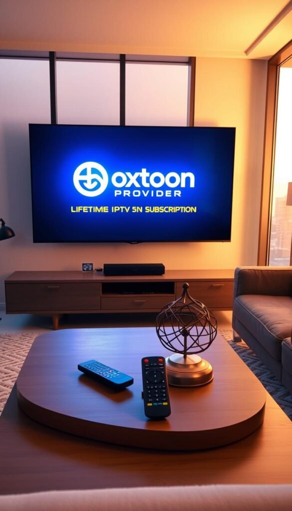 A sleek, modern living room with a large, high-definition television prominently displayed. On the screen, the Hoxtoon Provider logo shines brightly, showcasing a lifetime Arabic IPTV subscription service. The room is bathed in warm, soft lighting, creating a cozy and inviting atmosphere. In the foreground, a remote control and a stylized Arabic-inspired decorative element sit on a minimalist, wooden coffee table. The middle ground features a comfortable, plush sofa, and the background showcases large windows overlooking a serene, urban landscape. The overall scene conveys the ease, convenience, and enjoyment of a lifetime Arabic IPTV subscription.