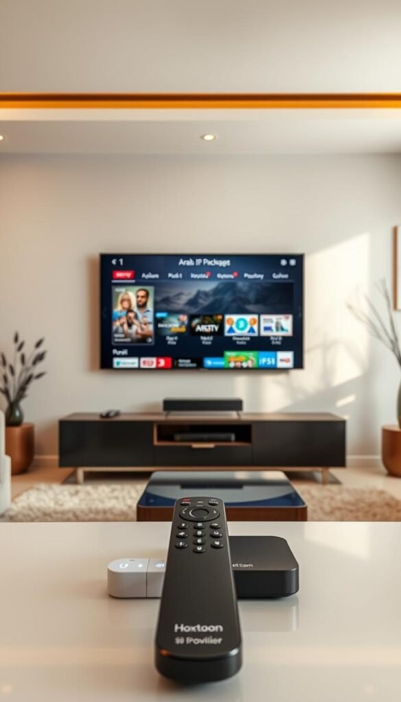 A sleek, modern living room with a large, high-definition television prominently displayed. On the TV screen, a selection of Arabic IPTV packages offered by the Hoxtoon Provider, showcasing their diverse content and customizable options. The room is bathed in warm, soft lighting, creating a cozy and inviting atmosphere. In the foreground, a high-end remote control and a stylized device, hinting at the user-friendly interface and seamless integration of the IPTV service. The middle ground features a minimalist entertainment center, complementing the sophisticated design. The background showcases a minimalist wall decor, emphasizing the focus on the TV and IPTV experience.