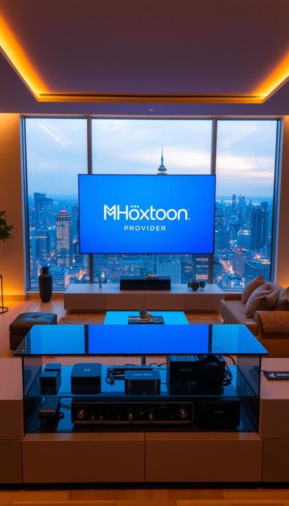 A sleek, modern living room with a large, state-of-the-art television screen displaying the Hoxtoon Provider logo. The room is bathed in warm, ambient lighting, creating a cozy and inviting atmosphere. In the foreground, a high-end media center houses various streaming devices and cables, hinting at the seamless integration of IPTV technology. The middle ground features a comfortable sofa and coffee table, encouraging a relaxed viewing experience. The background showcases large windows, offering a scenic view of a vibrant city skyline, symbolizing the global reach and accessibility of Hoxtoon's IPTV service.