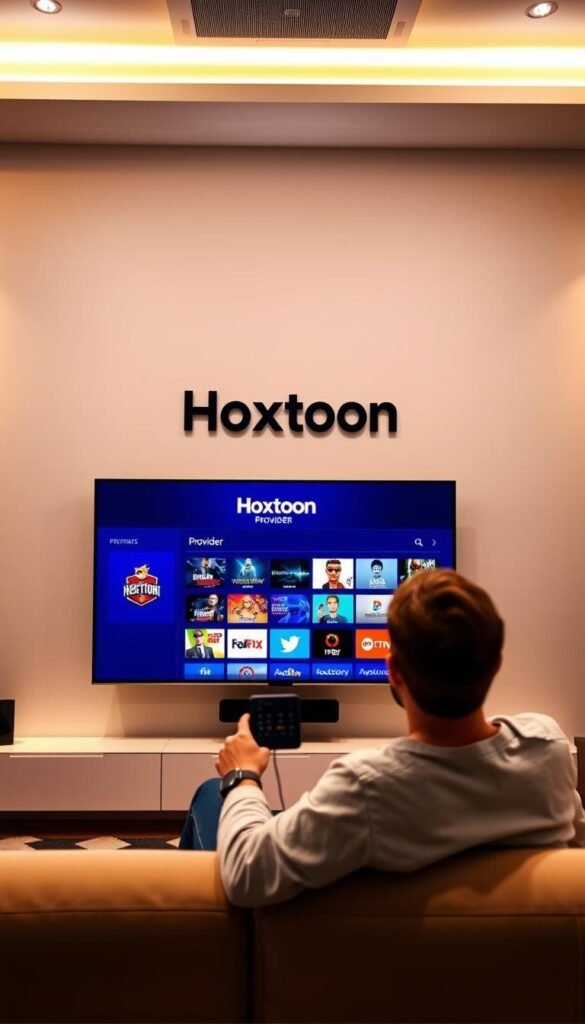 A sleek, modern living room with a large, wall-mounted flat-screen TV displaying the Hoxtoon Provider logo. The room is bathed in warm, ambient lighting, creating a cozy, inviting atmosphere. In the foreground, a person is sitting on a comfortable sofa, holding a remote control and browsing through various IPTV streaming options on the TV screen. The background features minimalist decor, with clean lines and a neutral color palette. The scene conveys the ease and convenience of transitioning from traditional cable TV to the advanced IPTV streaming technology provided by Hoxtoon.