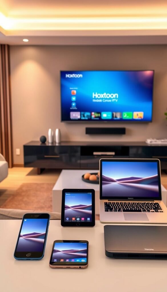 A sleek, modern living room with a large, wall-mounted flat-screen TV. In the foreground, an array of devices including a smartphone, tablet, and laptop are arranged, all connected to the Hoxtoon Provider IPTV service. The room is bathed in warm, soft lighting, creating a cozy, inviting atmosphere. The devices are showcased in a visually appealing and organized manner, highlighting the seamless multi-device support of the IPTV service. The background features stylish, minimalist decor, emphasizing the advanced and sophisticated nature of the Hoxtoon Provider offering.