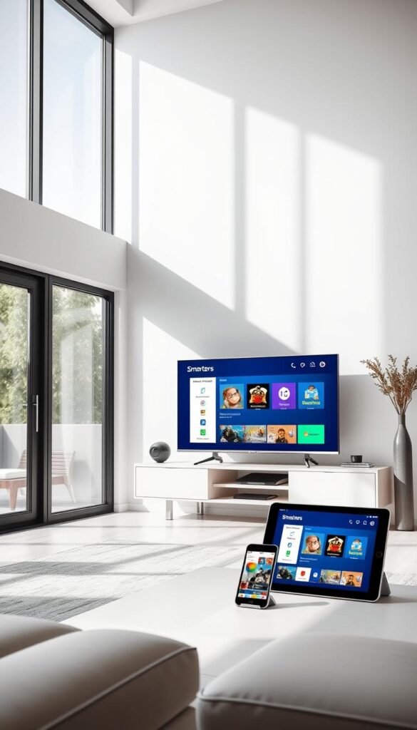 A sleek, modern living room with large windows, allowing natural light to flood the space. On the entertainment center, a high-end smart TV displays the IPTV Smarters interface, showcasing its multi-device support capabilities. A tablet and a smartphone are placed nearby, seamlessly connected to the IPTV service, demonstrating the flexibility of the Hoxtoon Provider platform. The room is stylishly furnished with minimalist decor, creating a harmonious and inviting atmosphere for a premium IPTV viewing experience.