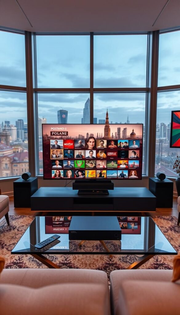 A sleek, modern living room with large windows overlooking a bustling city skyline. In the center, a state-of-the-art entertainment system features a prominent display showcasing a diverse array of IPTV content from Poland. The room is bathed in warm, soft lighting, creating a cozy and inviting atmosphere. On a stylish coffee table, a remote control and a Hoxtoon Provider box sit, hinting at the seamless streaming experience. The walls are adorned with vibrant Polish-themed artwork, reflecting the cultural richness on offer. Overall, the scene conveys a sense of comfort, convenience, and a vast library of Polish media at the user's fingertips.