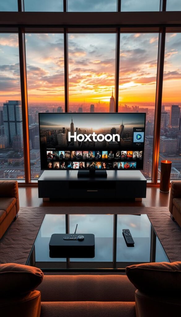 A sleek, modern living room with large windows overlooking a bustling city skyline. In the center, a high-end entertainment system displays the Hoxtoon Provider logo, showcasing its vast collection of over 150,000 movies and TV shows. The room is bathed in warm, cinematic lighting, creating a cozy and immersive atmosphere. On the coffee table, a premium remote control and a sleek streaming device hint at the seamless, high-quality IPTV experience Hoxtoon offers. The overall scene conveys a sense of luxury, technology, and the endless entertainment possibilities at the viewer's fingertips.