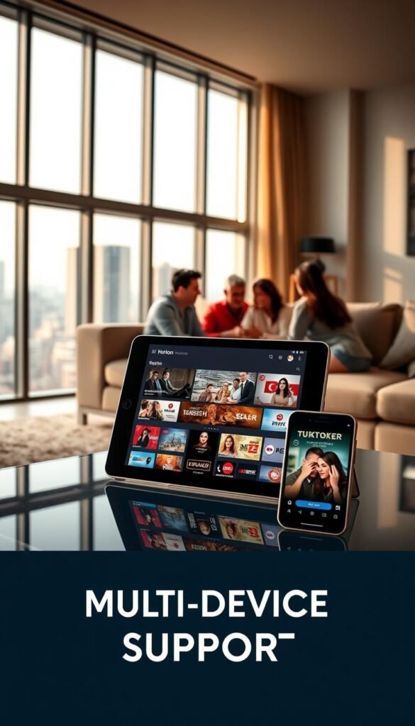 A sleek, modern living room with large windows overlooking a city skyline. On a glass coffee table, a tablet and smartphone display the Hoxtoon Provider interface, showcasing a wide selection of Turkish TV channels. The room is bathed in warm, diffused lighting, creating a cozy and inviting atmosphere. In the background, a family gathers around the tablet, enjoying a Turkish drama series together on multiple devices, reflecting the "Multi-Device Support" capabilities. The scene conveys the ease and convenience of watching Turkish television content online, facilitated by the Hoxtoon Provider platform.