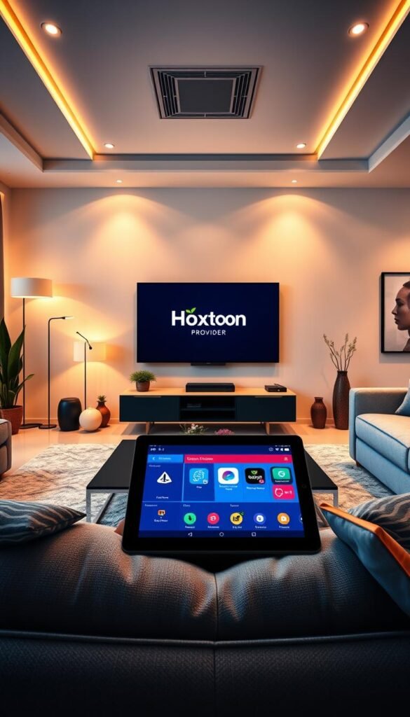 A sleek, modern living room with minimalist decor. In the center, a large flatscreen TV displays the Hoxtoon Provider logo, surrounded by a stylish media console. On the coffee table, a tablet showcases an IPTV subscription lifetime plan, its elegant interface and intuitive design. Warm, directional lighting from floor lamps and recessed ceiling fixtures creates a cozy, inviting atmosphere. The room is decorated with sophisticated accents like potted plants, abstract artwork, and plush, neutral-toned furnishings. The overall scene conveys a sense of comfort, technology, and premium home entertainment.