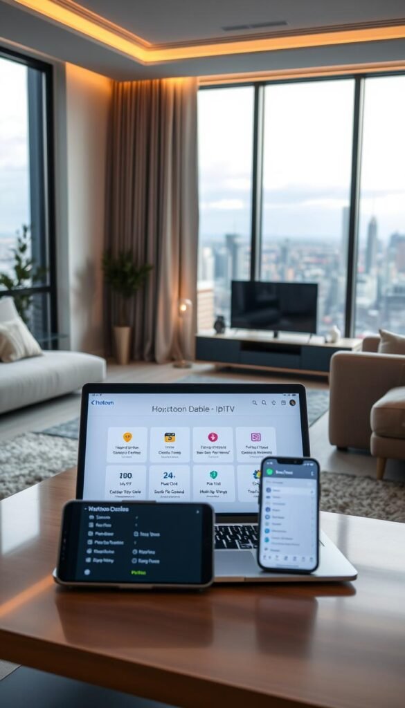 A sleek, modern living room with minimalist furniture and large windows overlooking a city skyline. In the foreground, a coffee table displays an open laptop and a smartphone, showcasing the Hoxtoon Provider IPTV service interface with affordable plan options. Soft, warm lighting illuminates the scene, creating a cozy and inviting atmosphere. The middle ground features a stylish entertainment center with a flat-screen TV, hinting at the cost savings compared to traditional cable. The background depicts a vibrant, bustling city landscape, underscoring the convenience and accessibility of on-demand streaming.