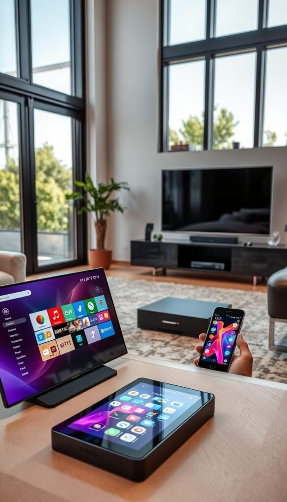 A sleek, modern living room with multiple devices seamlessly connected to a Hoxtoon Provider IPTV panel. In the foreground, a state-of-the-art smart TV displays a vibrant, high-definition interface. Nearby, a tablet and a smartphone are also synced to the IPTV system, allowing for effortless content streaming and device-to-device control. The middle ground features a sophisticated media center, housing the Hoxtoon Provider IPTV box and providing ample storage and connectivity options. In the background, large windows flood the room with natural light, creating a bright and airy atmosphere. The overall scene conveys the convenience and versatility of a multi-device IPTV setup powered by the Hoxtoon Provider platform.