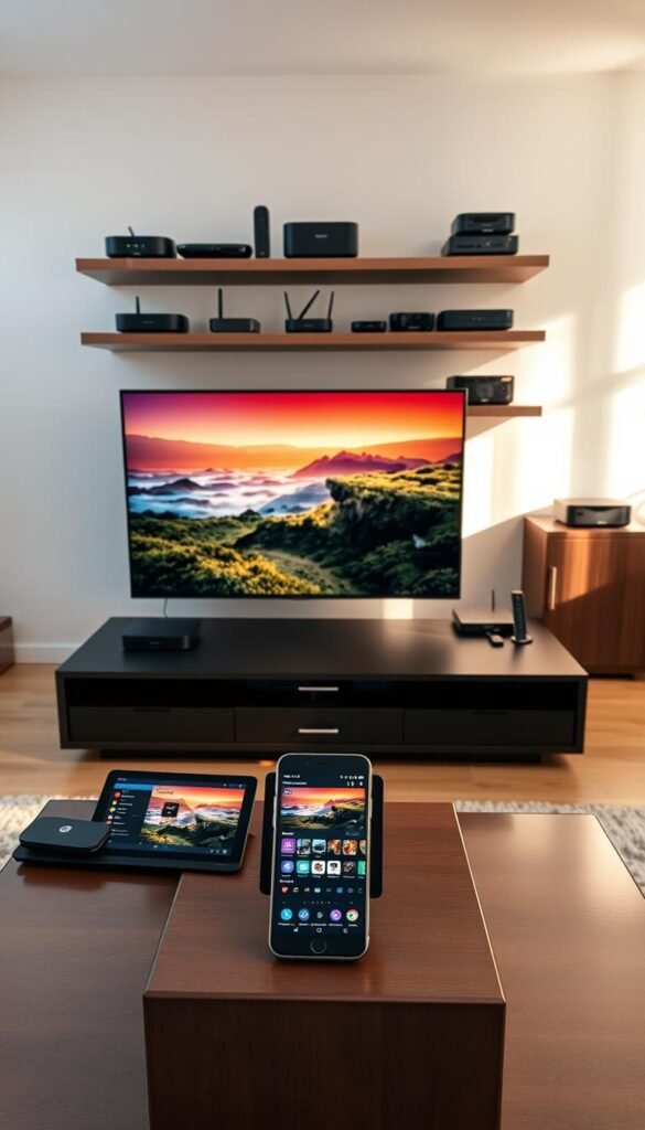 A sleek, modern living room with multiple devices showcasing the Hoxtoon Provider IPTV service. In the foreground, a large flatscreen TV displays a vibrant landscape, while on the coffee table, a tablet and smartphone show different content being streamed simultaneously. The room is bathed in warm, natural lighting, creating a cozy, inviting atmosphere. In the background, shelves hold various streaming devices, routers, and other tech accessories, emphasizing the multi-device support capabilities of the Hoxtoon Provider IPTV platform. The scene conveys the convenience and flexibility of enjoying IPTV content across a range of devices in a stylish, modern living space.