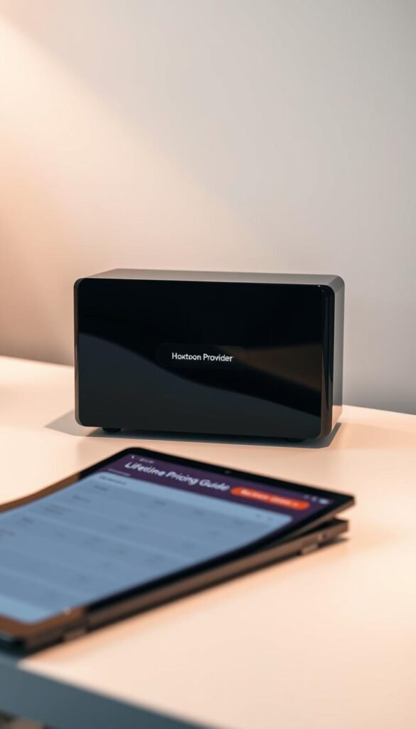 A sleek, modern-looking IPTV box from the Hoxtoon Provider brand sits on a minimalist desk, illuminated by soft, indirect lighting. The box has a glossy black finish and clean lines, exuding a premium, high-tech aesthetic. In the foreground, a comprehensive pricing guide for lifetime IPTV subscriptions is displayed on a tablet or laptop screen, showcasing various subscription tiers and pricing options. The background features a blurred cityscape, hinting at the global reach and accessibility of the IPTV service. The overall composition conveys a sense of professionalism, reliability, and the value proposition of a lifetime IPTV subscription.