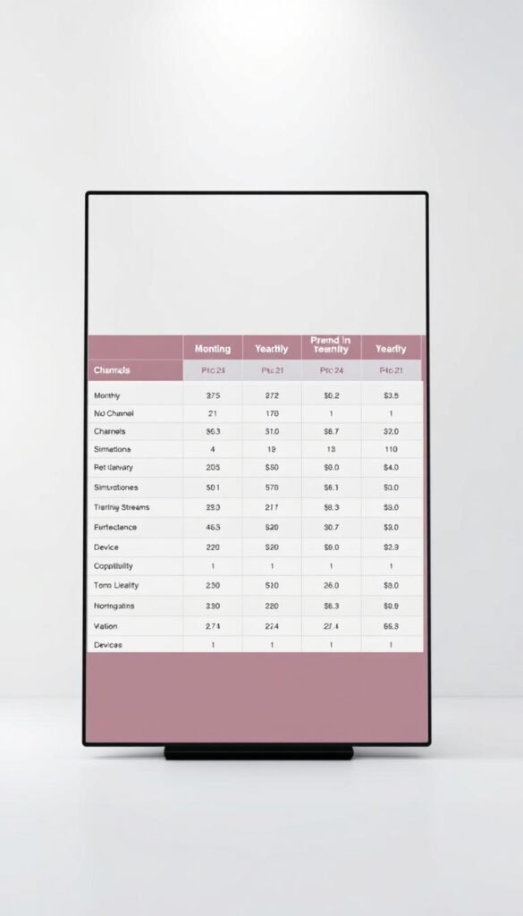 A sleek, modern-looking table displaying a comprehensive comparison of IPTV plans offered by the Hoxtoon Provider. The table has a clean, minimalist design with crisp lines and a neutral color palette, showcasing key details like monthly/yearly pricing, channel counts, simultaneous streams, and device compatibility in an organized, easy-to-read format. The background is a soft, blurred gradient, drawing the viewer's attention to the central table. Subtle lighting creates depth and highlights the table's layout, presented from a slightly elevated, frontal angle to maximize visibility. The overall mood is professional, informative, and visually appealing, aligning with the subject of the "Comprehensive Breakdown of Hoxtoon's Lifetime IPTV Package Pricing" section.