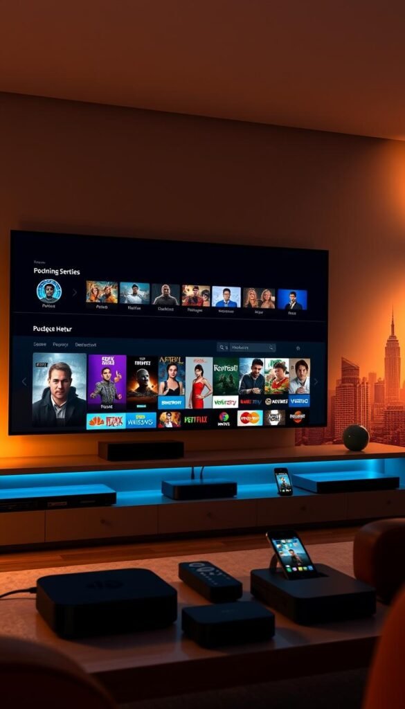 A sleek, modern media center interface showcasing the Hoxtoon Provider IPTV streaming options. In the foreground, a large 4K television displays a diverse array of on-demand content, with a minimalist, intuitive menu system. In the middle ground, various connected devices like streaming boxes and smartphones are shown, highlighting the multi-platform accessibility of the Hoxtoon service. The background features a stylized cityscape, hinting at the global reach and comprehensive content library of over 150,000 VOD titles. The entire scene is bathed in a warm, cinematic lighting, creating a cozy, immersive atmosphere for the viewer.